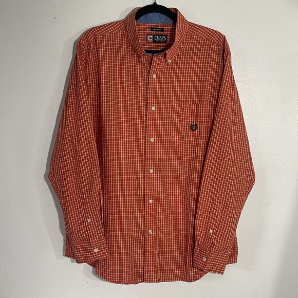 Chaps Easy Care Men’s Orange White Plaid Long Sleeve Button Up Shirt Size L - Picture 1 of 7